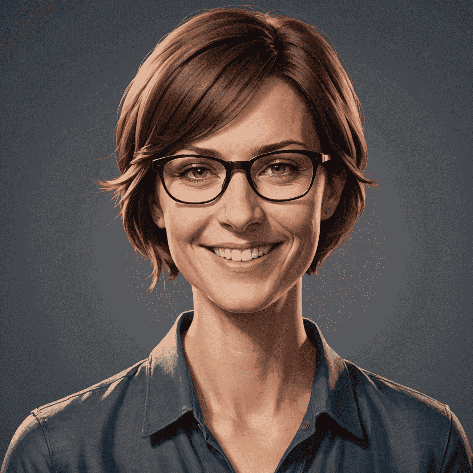 Portrait of lead game designer Lisa Schmidt, a woman in her 30s with short brown hair and glasses, smiling confidently