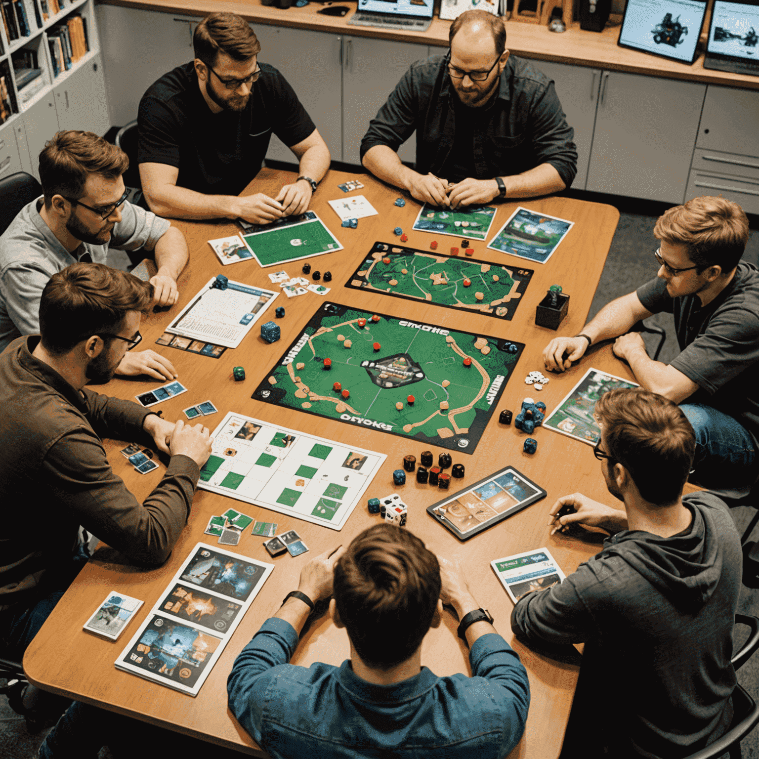 A group of game designers brainstorming around a table filled with board game prototypes, sketches, and dice. The scene captures the creative process behind Arena Strike's development.