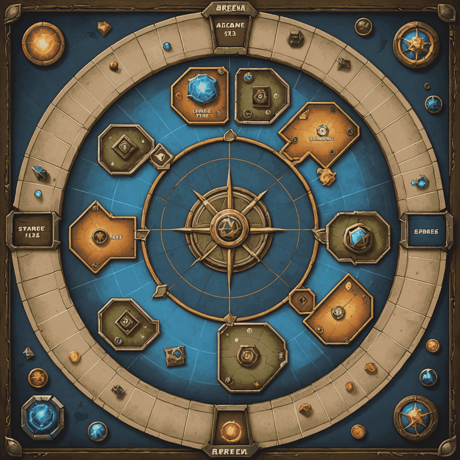 A detailed game board of Arena Strike, showcasing various zones, player pieces, and special cards, highlighting the game's strategic elements