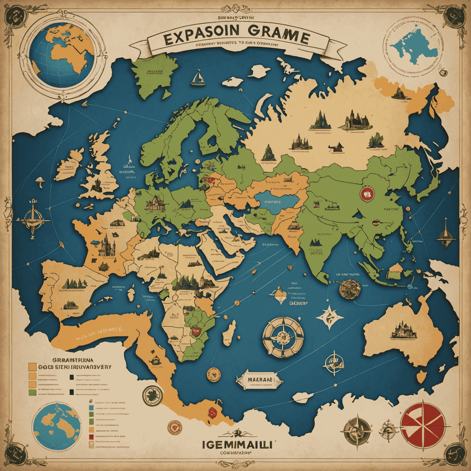 A map showing the expansion of our board game company from Germany to various countries around the world, with arrows indicating growth paths and small board game icons marking new office locations