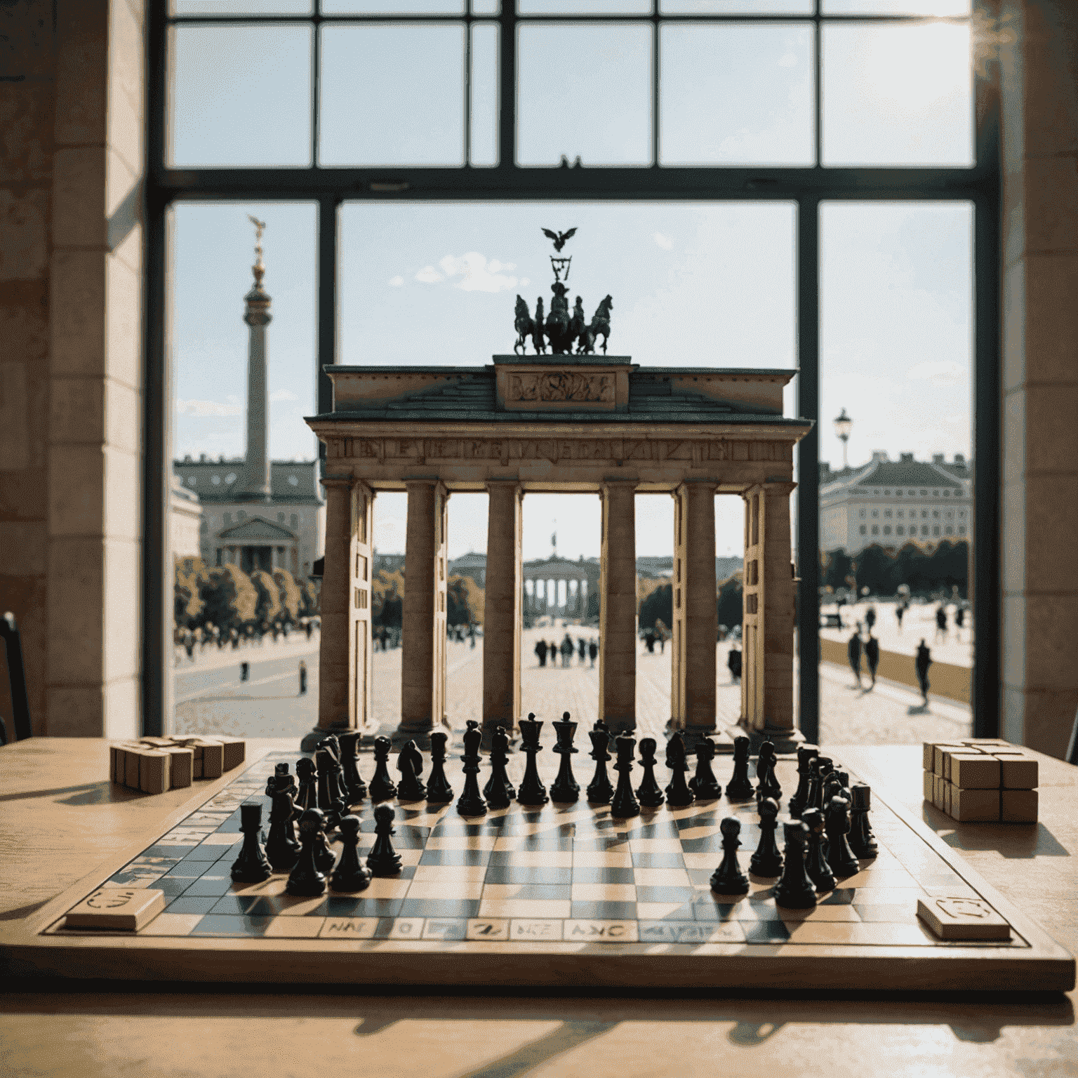 A strategic board game setup with Arena Strike pieces arranged on a table, with the Brandenburg Gate visible through a window in the background