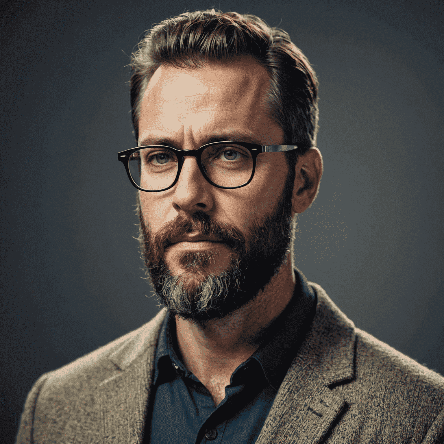 Portrait of art director Marcus Bauer, a man in his 40s with a beard and creative, modern glasses, looking thoughtful