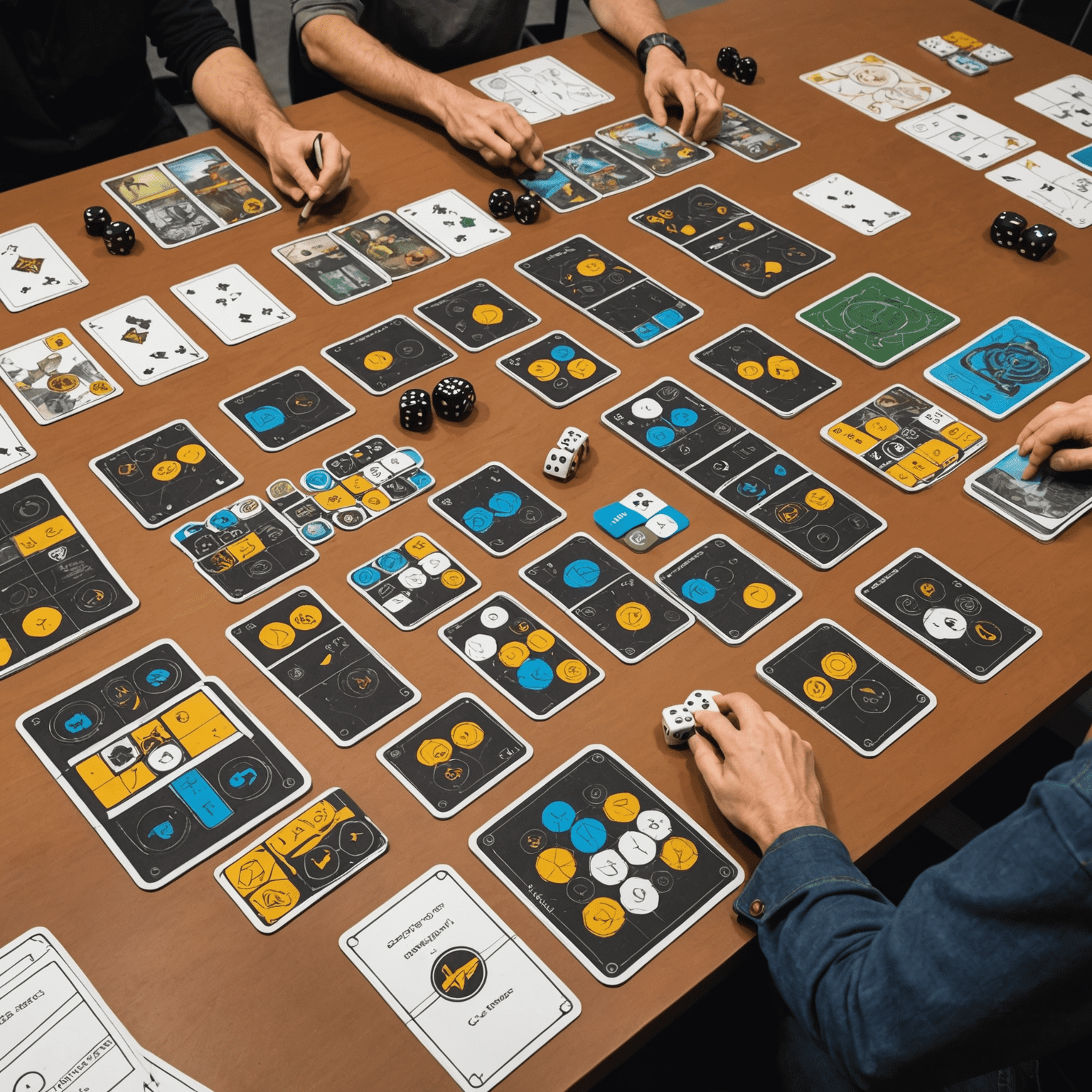 Early prototype of Arena Strike laid out on a design table, showing hand-drawn cards, custom dice, and a modular board system. The image conveys the evolution from concept to tangible game elements.