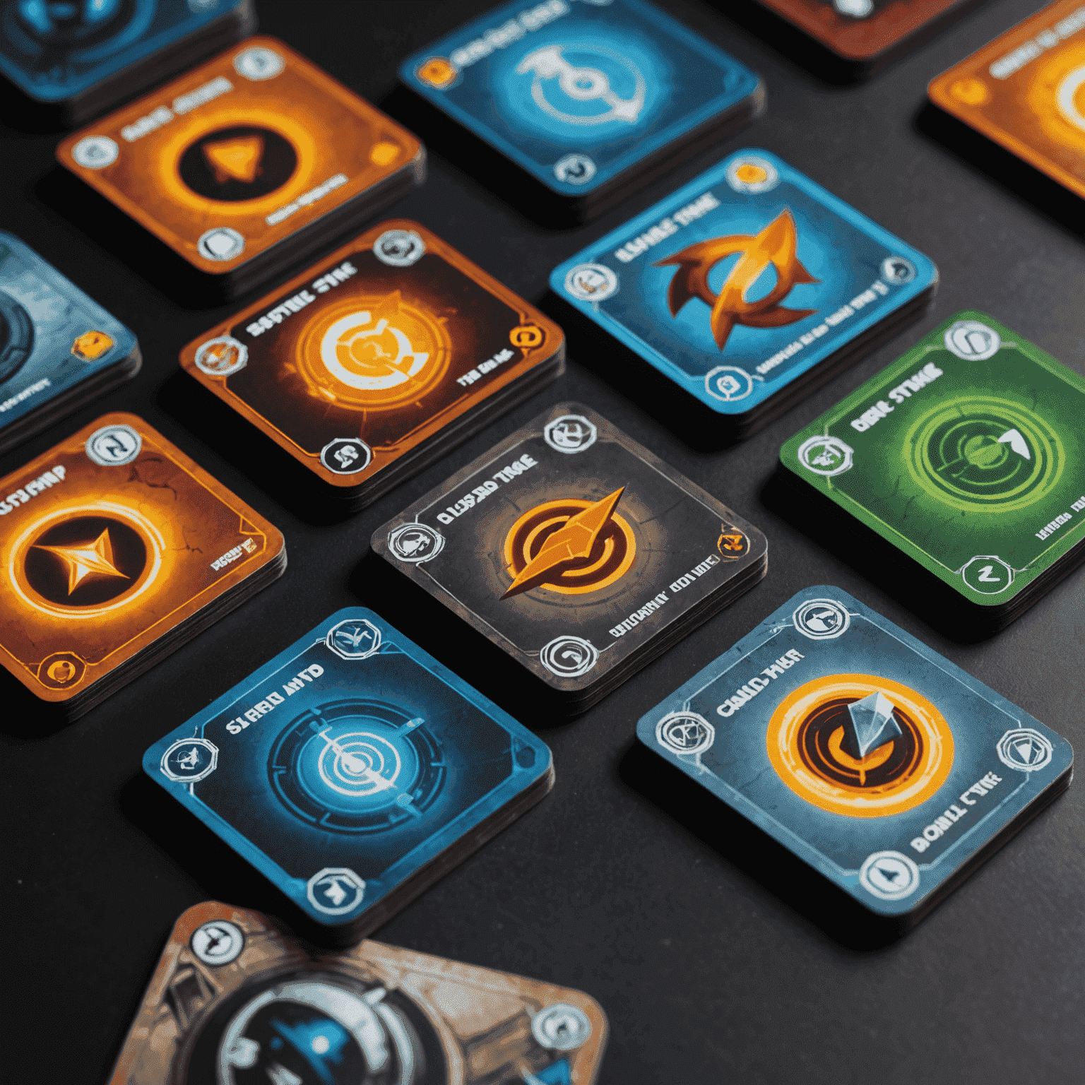 Close-up of Arena Strike's resource tokens and cards, showcasing the Energy, Tactics, and Influence elements, with players' hands visible to illustrate strategic decision-making