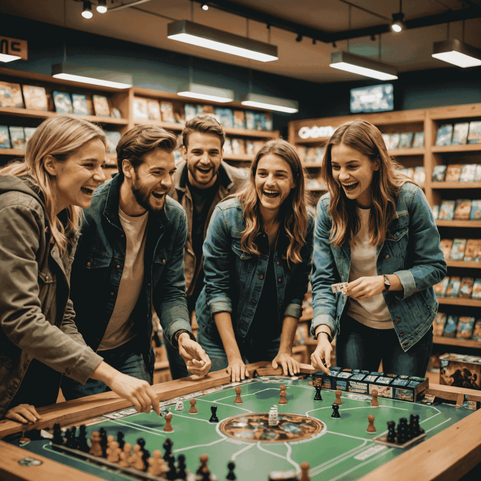 A group of excited people playing Arena Strike in a cozy German game store, with shelves of board games visible in the background