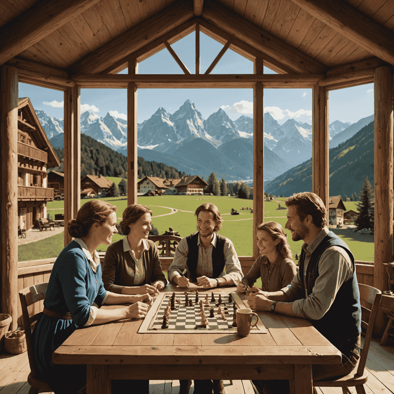 A family gathered around a table playing Arena Strike, with the Bavarian Alps visible through large windows