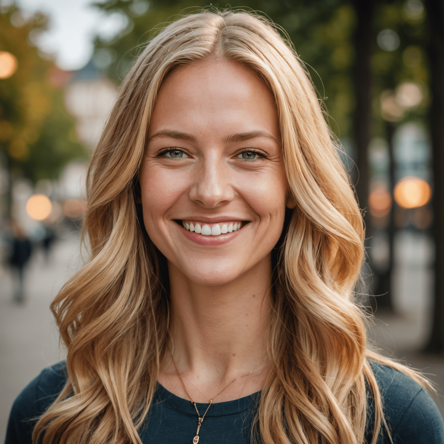 Portrait of marketing manager Sarah Müller, a woman in her late 20s with long blonde hair, smiling warmly