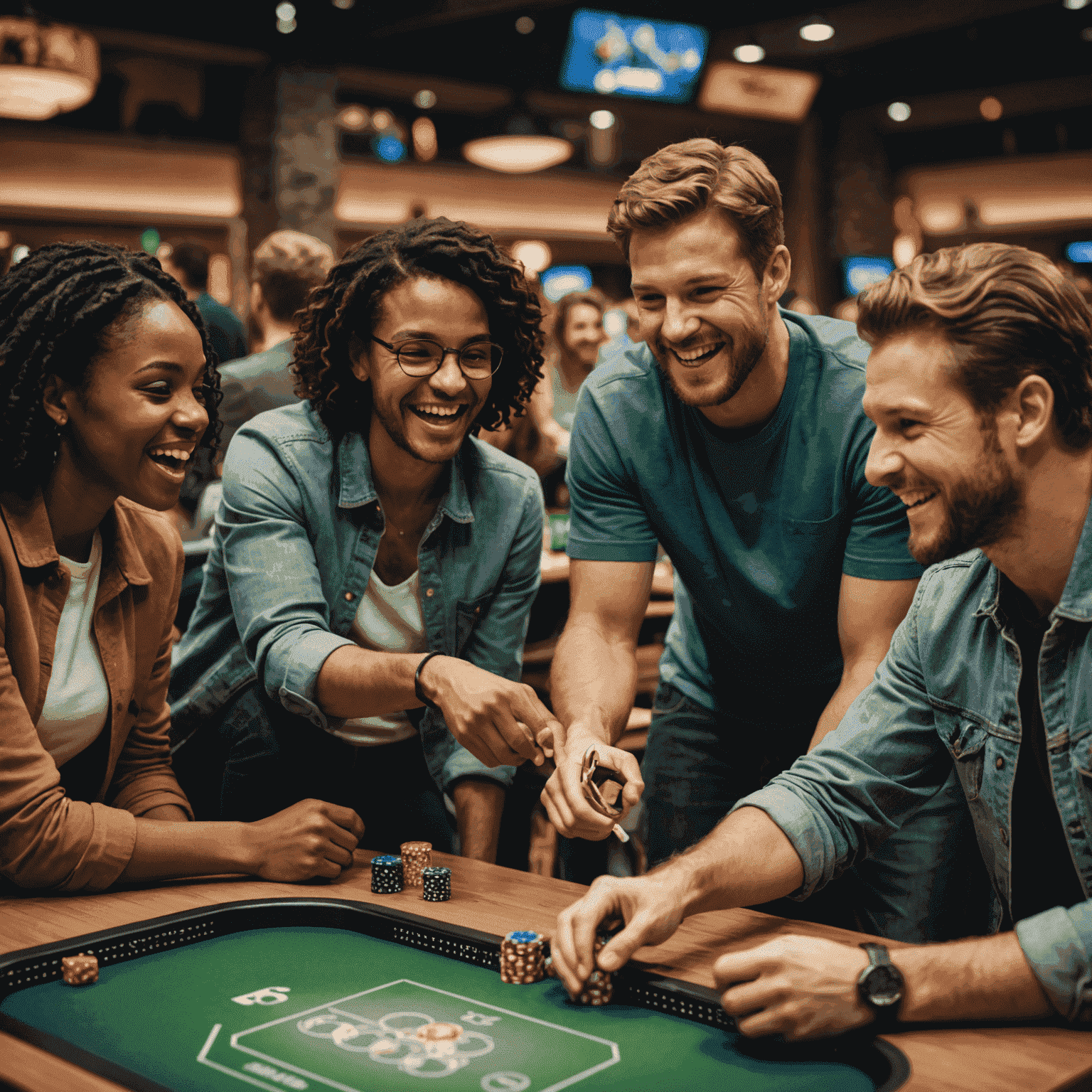 A diverse group of people enjoying Arena Strike at a game night, showcasing the final product in action. The image captures the joy and engagement of players, highlighting the social aspect of the game.