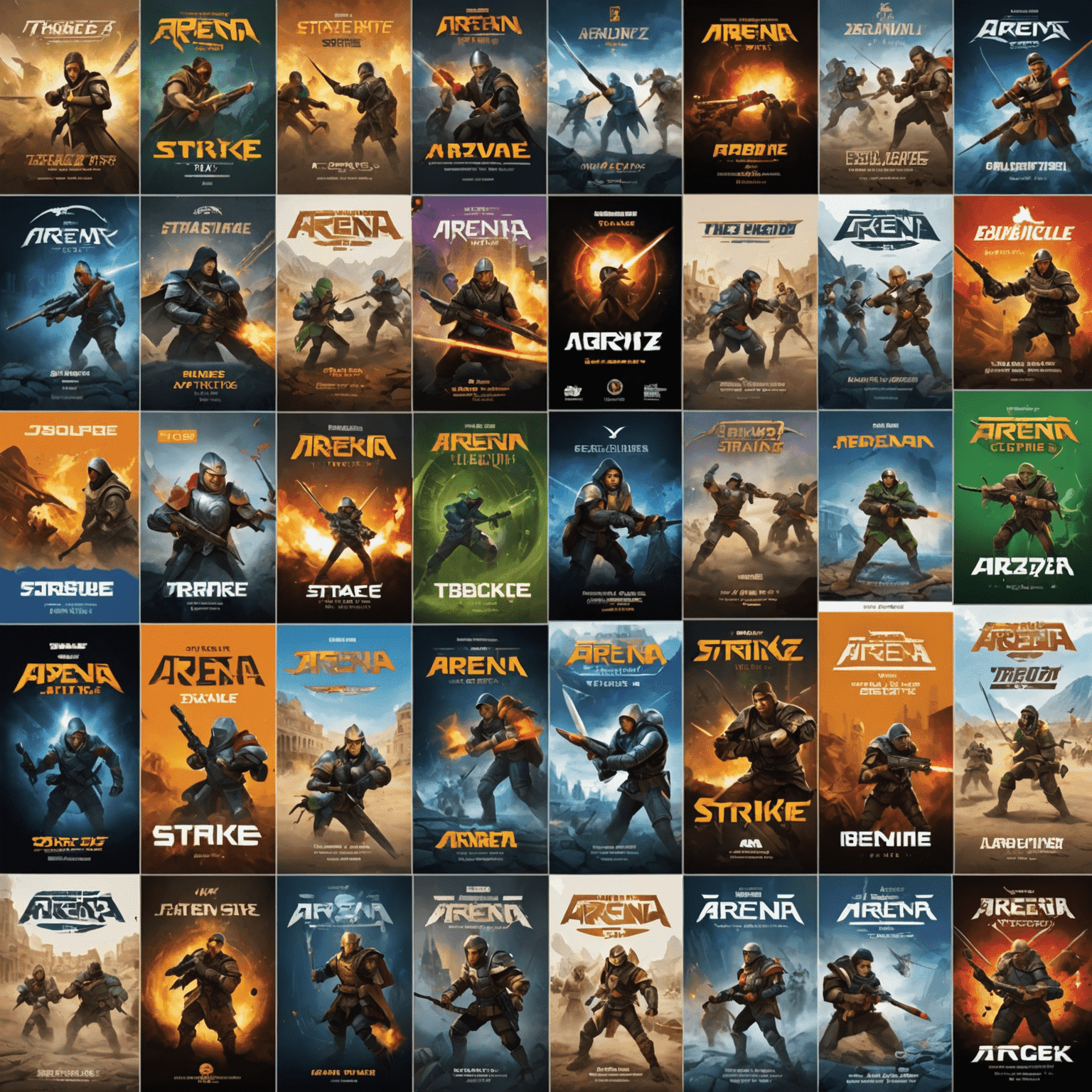 A collage of Arena Strike game boxes with titles in various languages, surrounded by diverse groups of people playing the game in different settings around the world