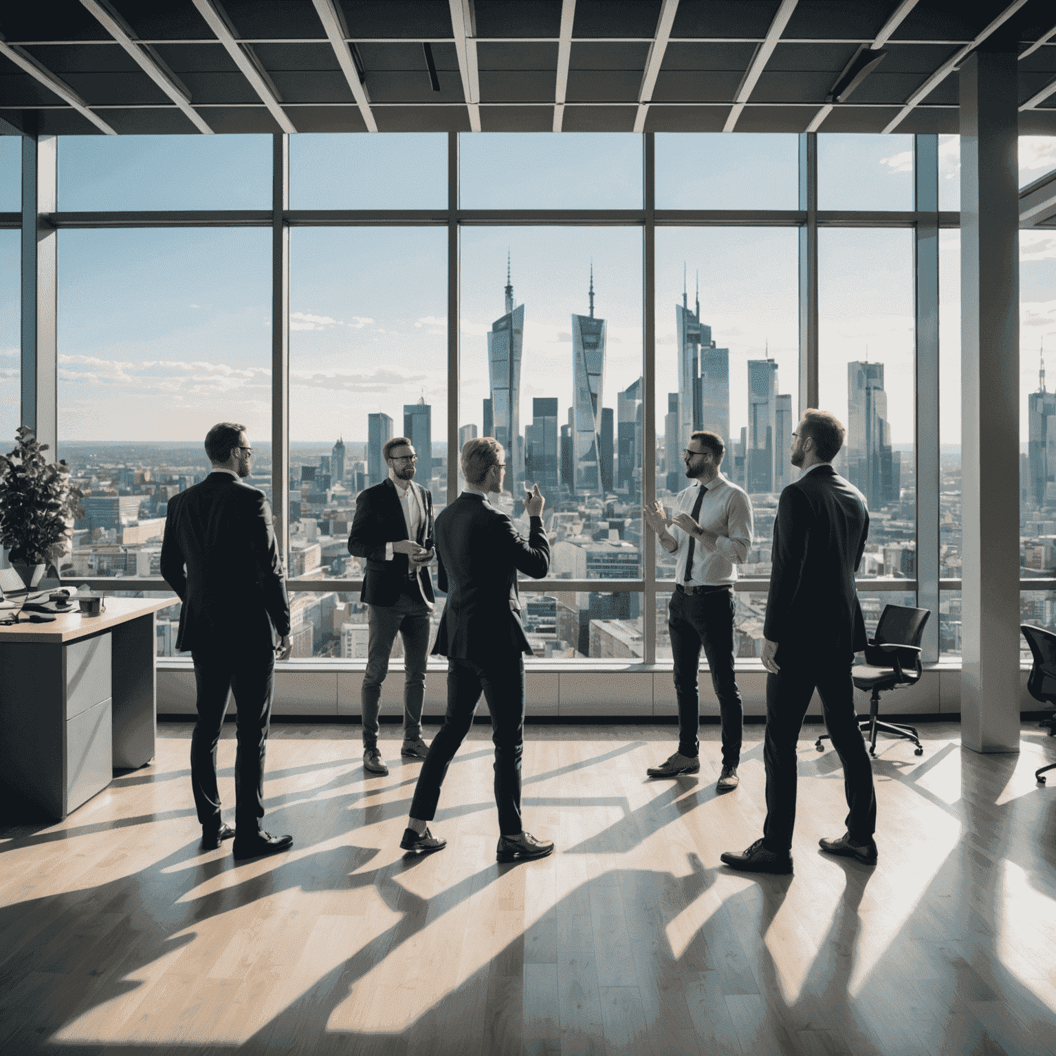 A diverse group of professionals engaged in an Arena Strike game in a modern office space, with Frankfurt's skyline visible through floor-to-ceiling windows